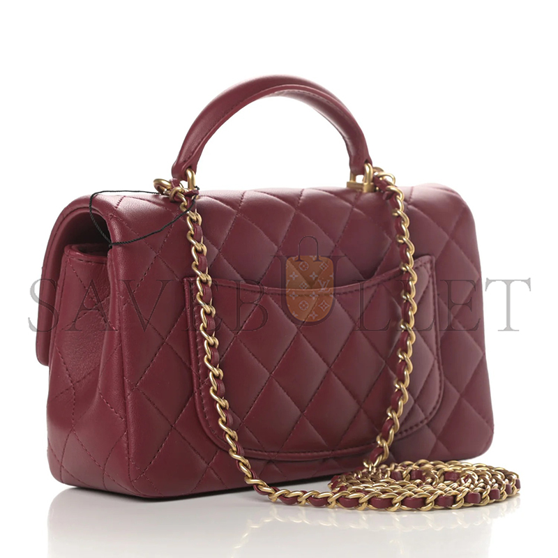 Ch**el lambskin quilted mini top handle rectangular flap burgundy (20*12*6cm)